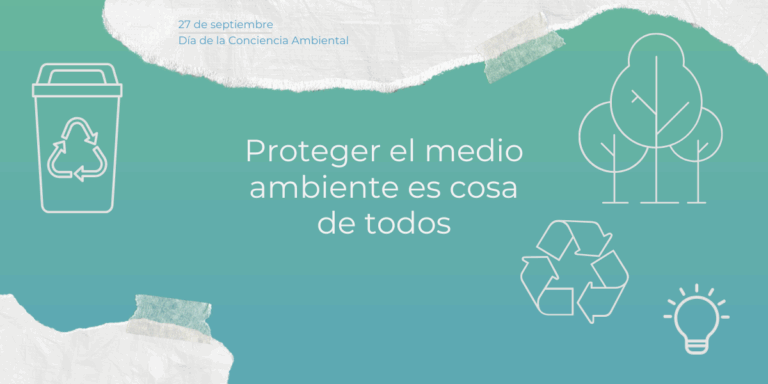 Imagen ilustrativa fondo verde con iconos sobre el reciclaje, la energía y arboles con la frase "proteger el ambiente es cosa de todos".