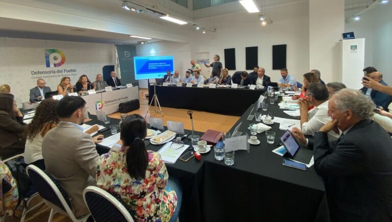 Representantes de las defensorias de todo el pais, sentados alrededor de grandes mesas conversando.