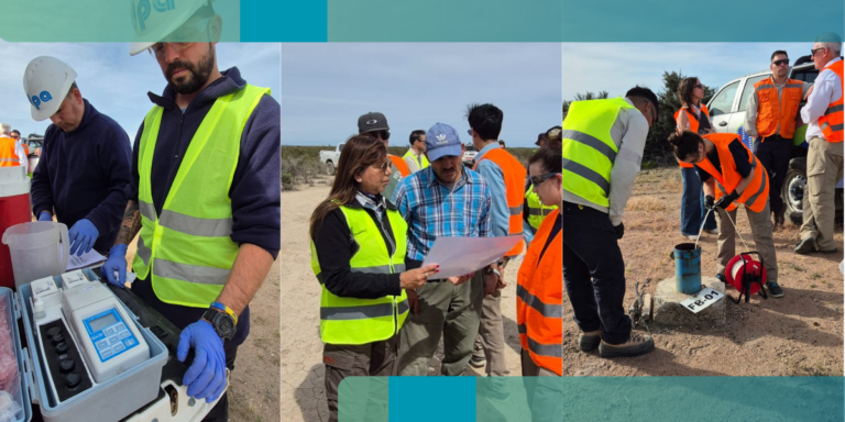 Personas trabajando en campo con chalecos de colores vibrantes, analizando datos, sosteniendo documentos.