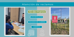 Placa informativa con el título “Atención de reclamos”. Indica la fecha 10 de marzo y las localidades Los Menucos, Aguada de Guerra y Comico. A la izquierda se ve a una persona atendiendo a una vecina en una mesa con papeles y un celular. A la derecha aparece un cartel rojo de “Sala Primeros Auxilios” frente a un pequeño edificio de salud en una zona rural. En la parte inferior hay íconos de calendario y ubicación.
