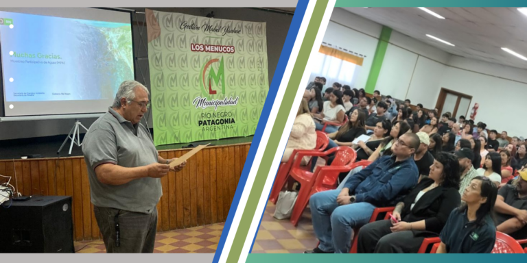 Asesor de la Defensoría del Pueblo expone ante un gran número de personas dentro del espacio brindado por el Club Deportivo Los Menucos