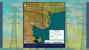 imagen compuesta por mapa donde se visualiza la conexion electrica entre Bahia Blanca, Choele Choel y Puerto Madryn. De fondo se observan antenas de alta tensión.