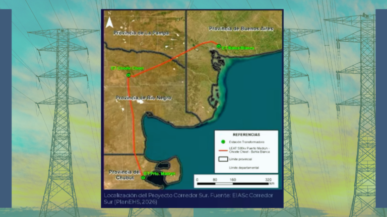 imagen compuesta por mapa donde se visualiza la conexion electrica entre Bahia Blanca, Choele Choel y Puerto Madryn. De fondo se observan antenas de alta tensión.